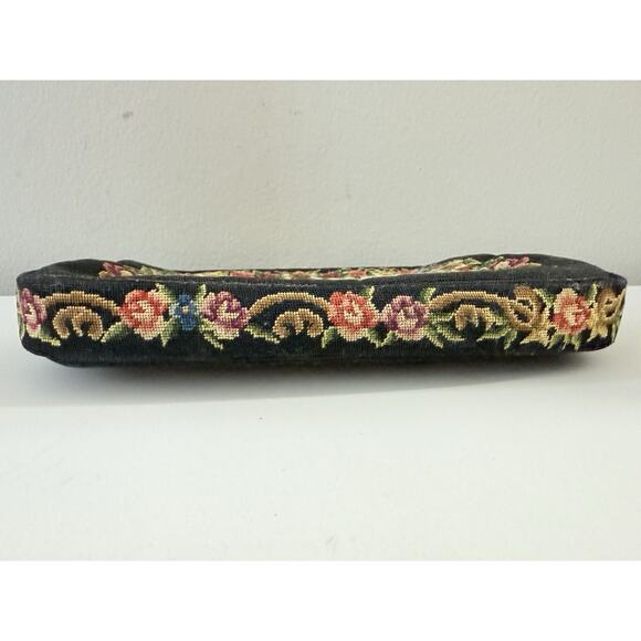 Vintage Petit Point Floral Purse on Black – Gold Frame, Handbag Clutch - Picture 4 of 10